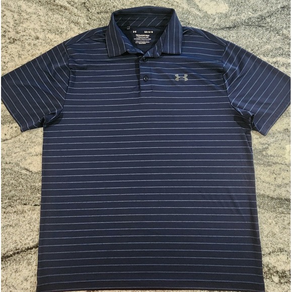 UNDER ARMOUR THE PLAYOFF POLO MENS LARGE BLUE STRIPED GOLF PERFORMANCE COLLARED - Picture 1 of 9